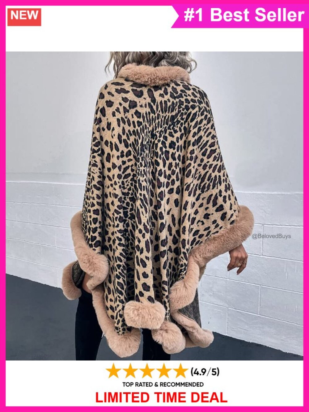 Leopard Print Knitted Poncho Shawl Wrap Faux Fur Collar Open Front - Picture 4 of 5